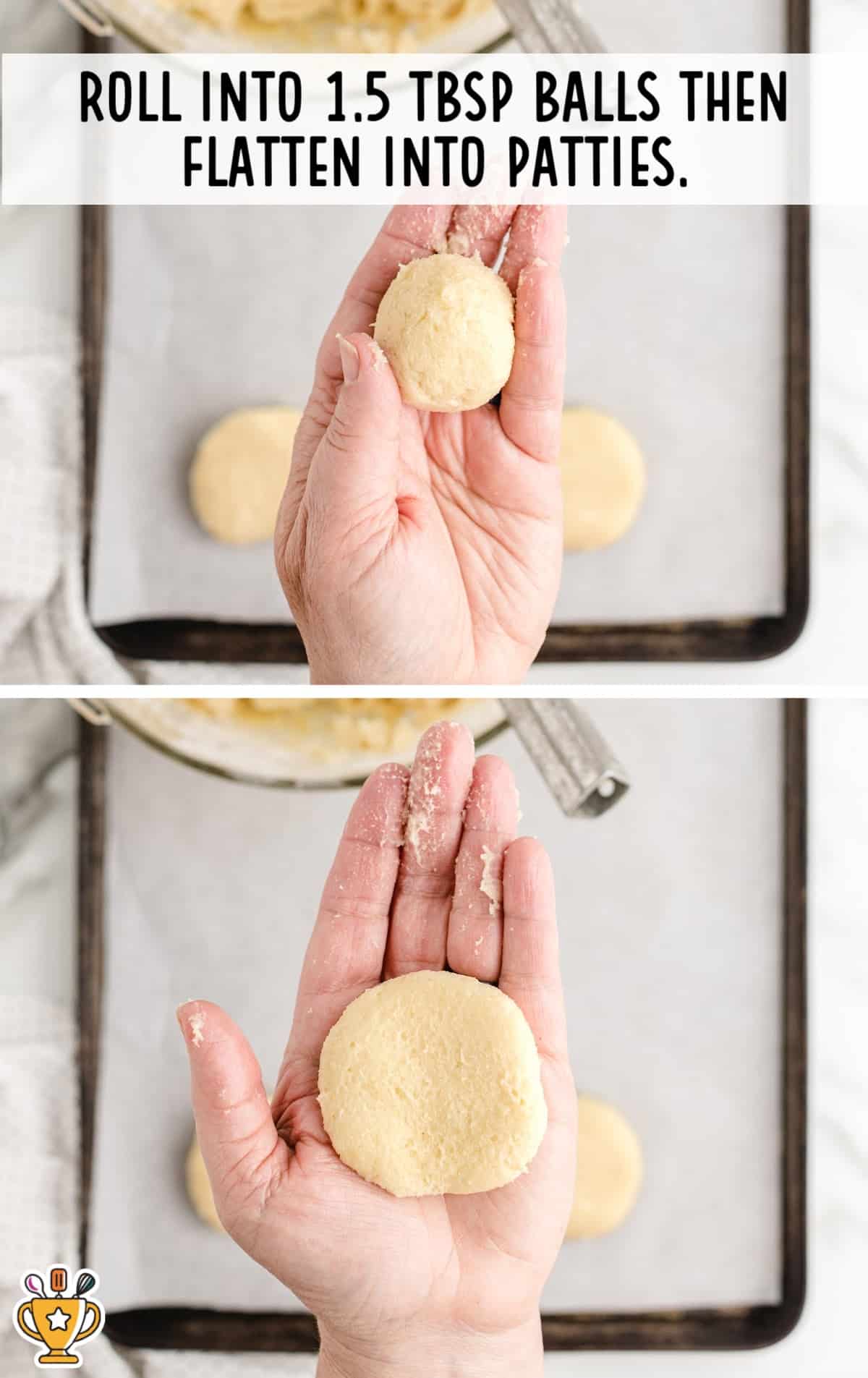 a hand holding cookie ball and another hand holding a flattened cookie dough