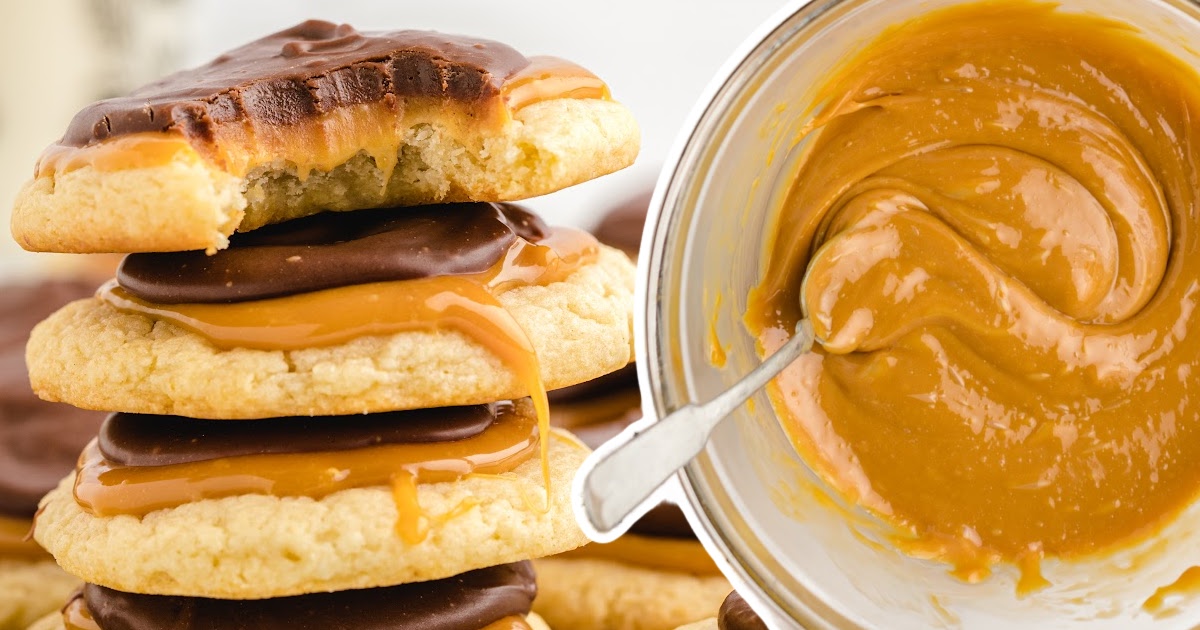 a stack of Twix Cookies and some caramel in a bowl with a spoon in it