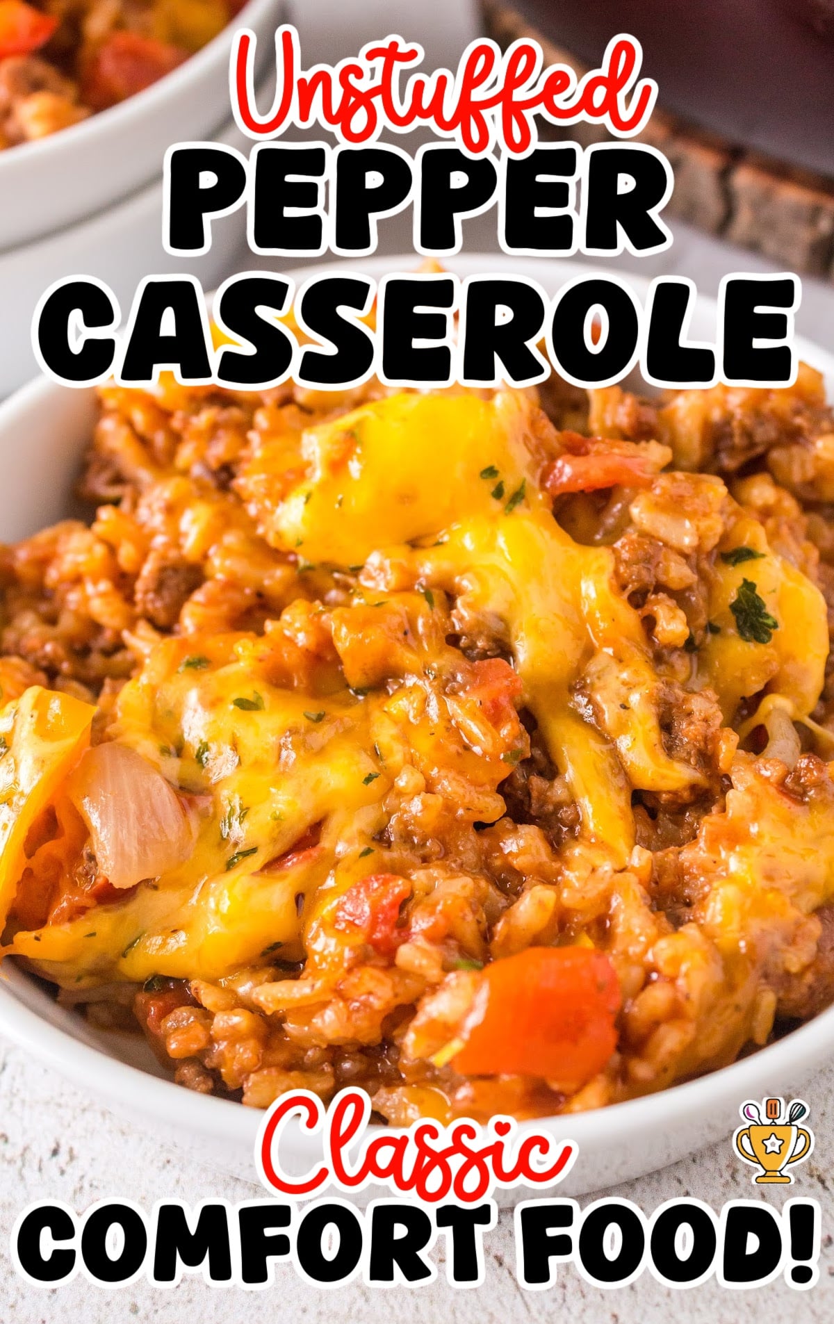Unstuffed Pepper Casserole in a white bowl