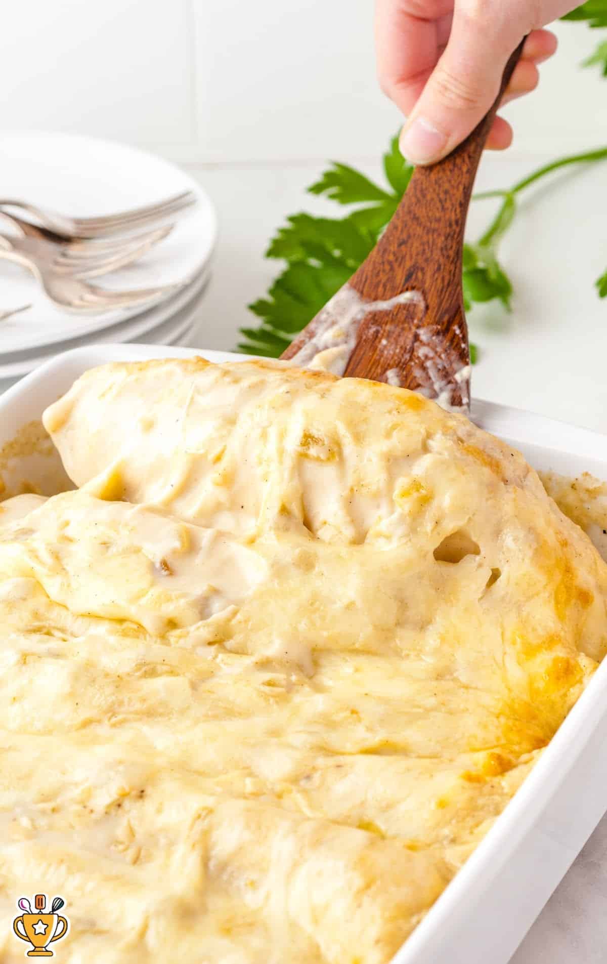White Chicken Enchiladas in a baking dish with a wooden spoon in it