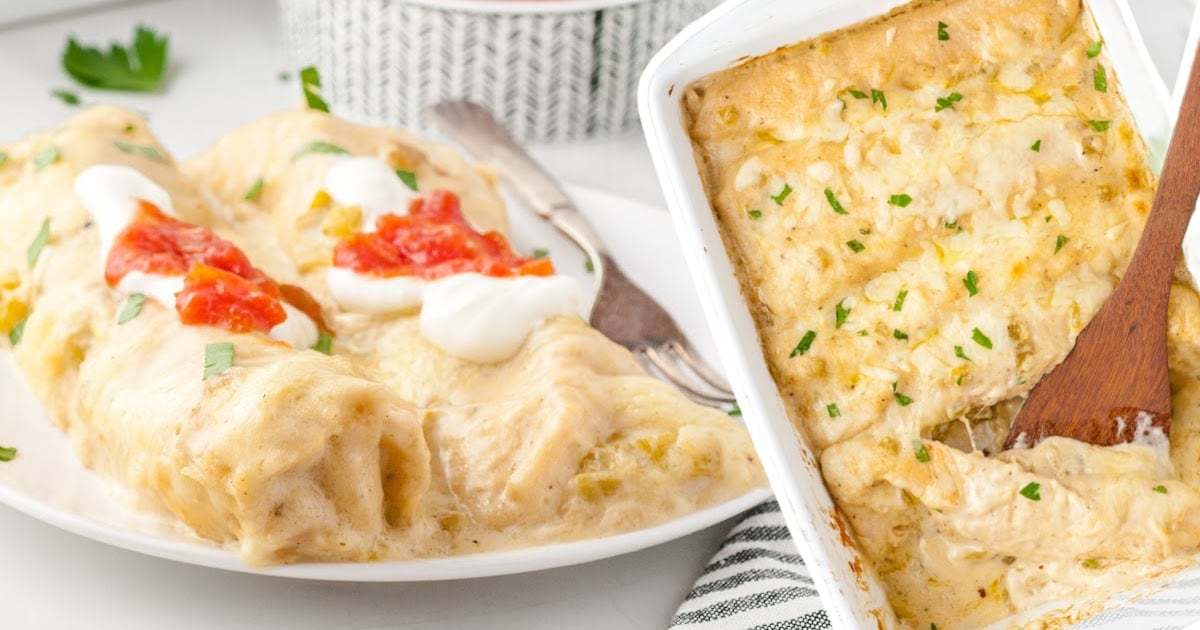 White Chicken Enchiladas in a baking dish and on a plate