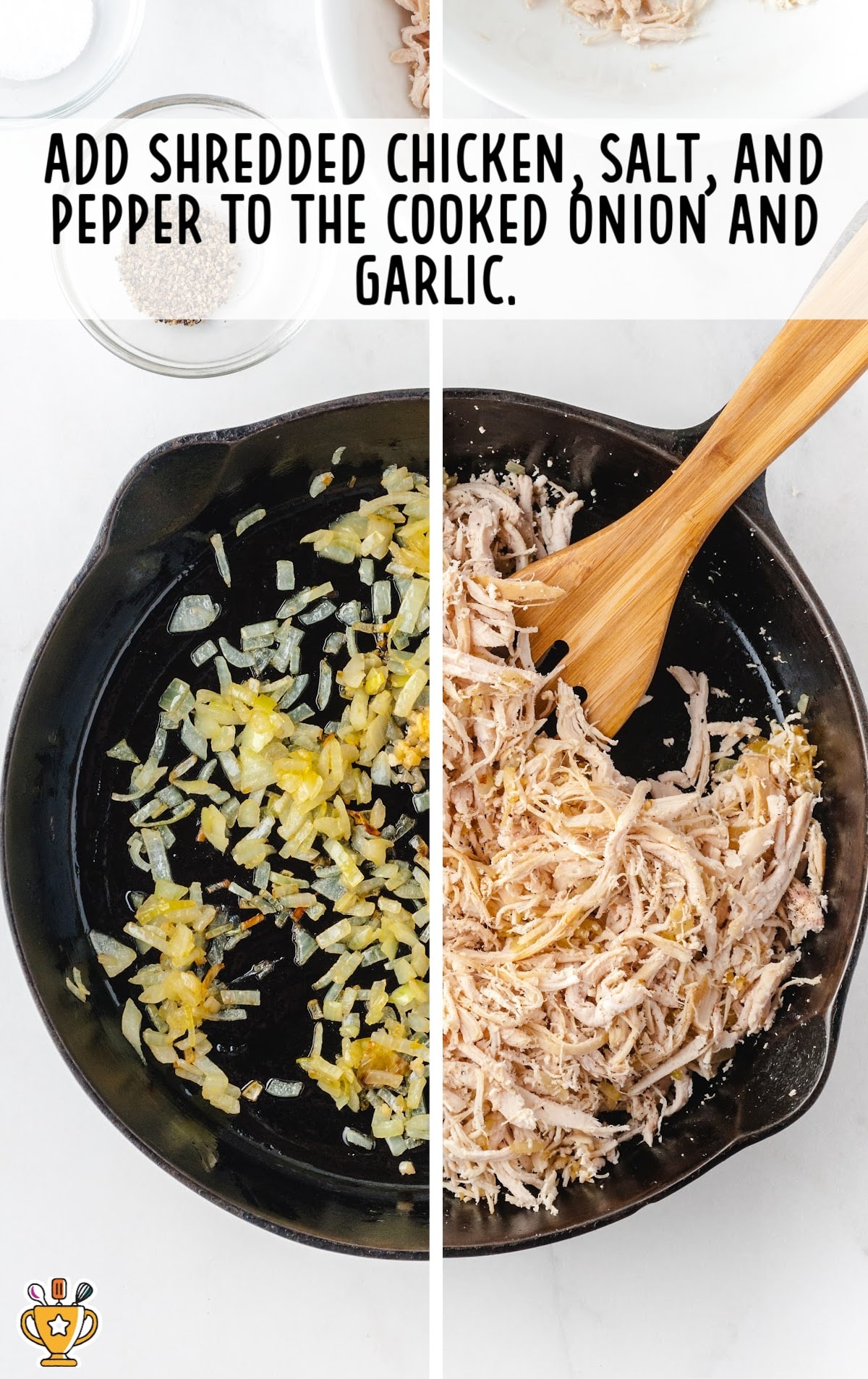 shredded chicken, salt and pepper in a frying pan