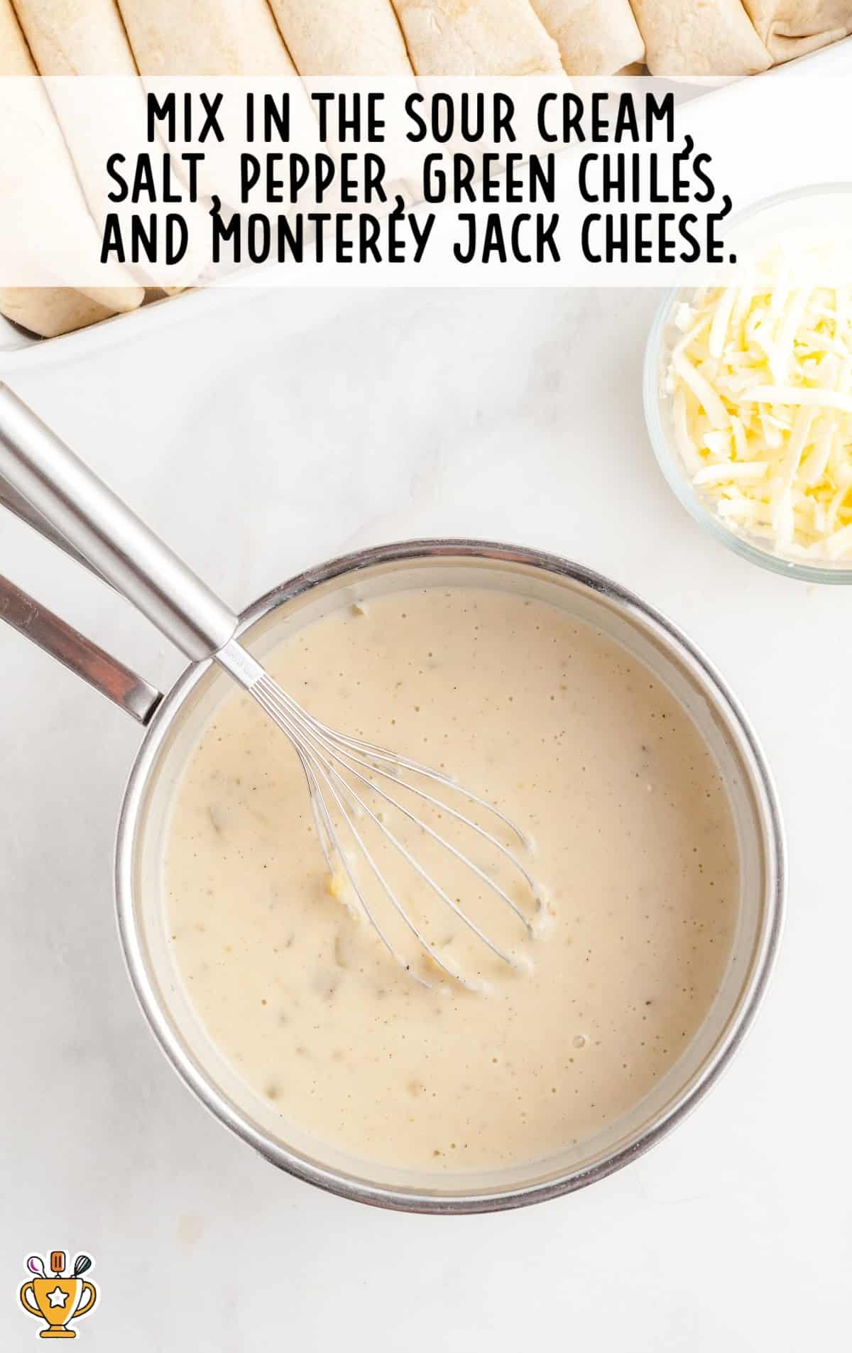 sour cream, salt, pepper, green chiles and monterey jack cheese mixed together