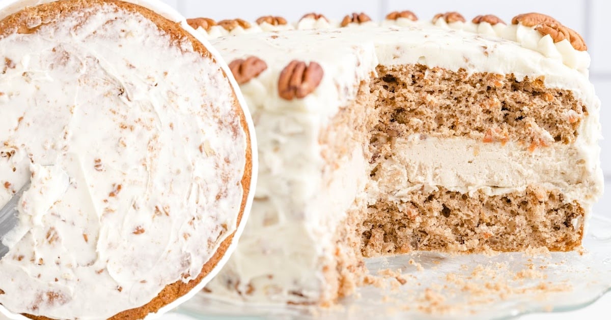 a Carrot Cake Cheesecake with a piece missing