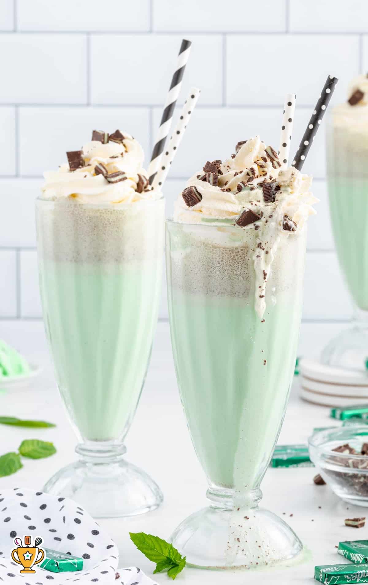 Mint Chocolate Chip Milkshake in two glasses