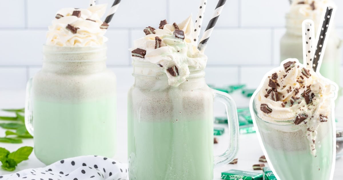 Mint Chocolate Chip Milkshake in mugs and in a glass