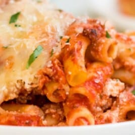 Baked Ziti on a white plate