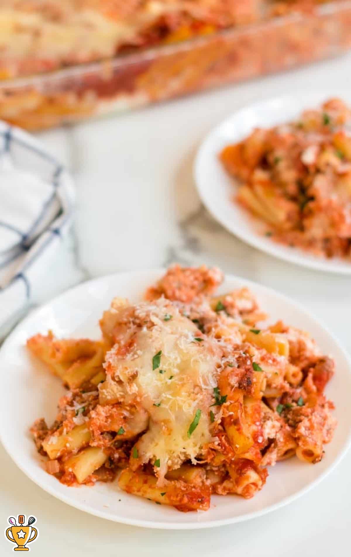 Baked Ziti served on a white plate