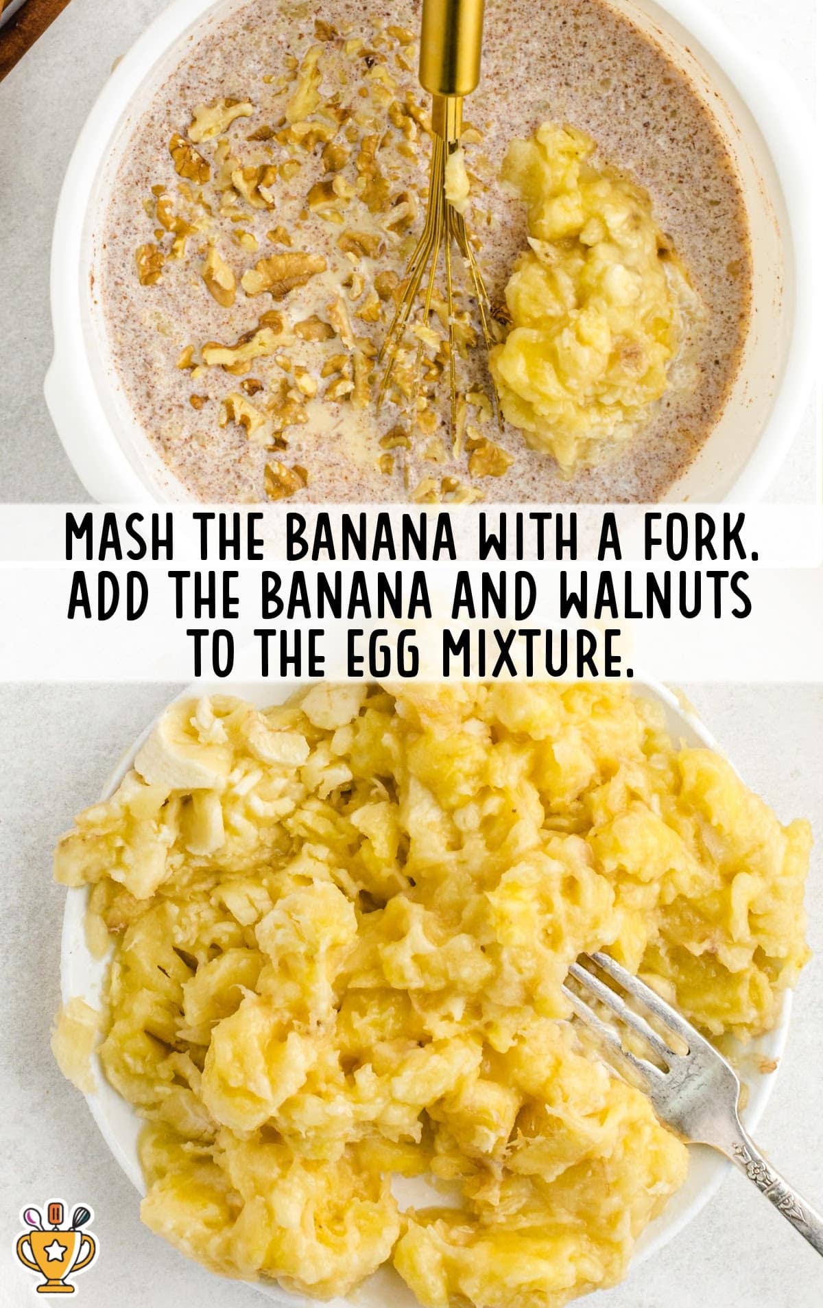 bananas mashed with walnuts in the egg mixture