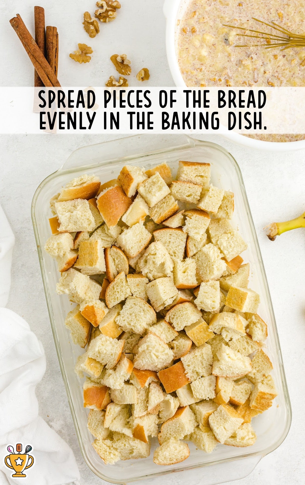 pieces of bread in a baking dish
