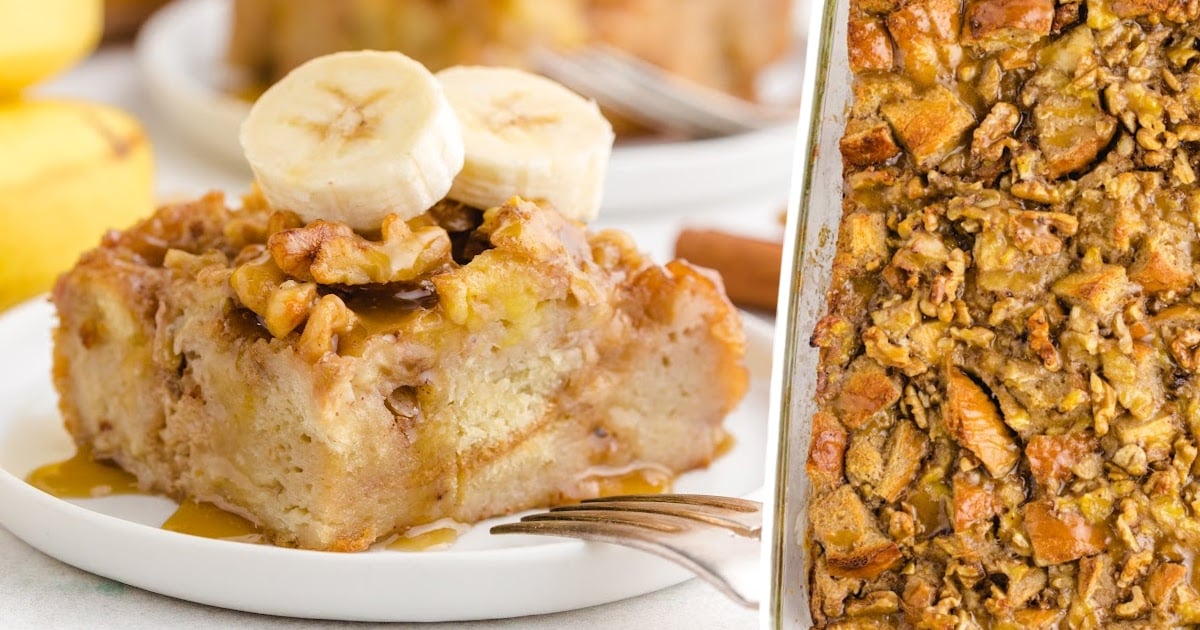 a piece of Banana Bread Pudding on a plate with a fork