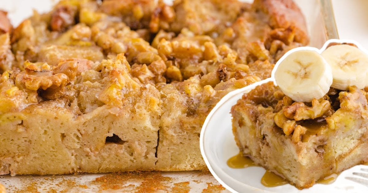 a piece of Banana Bread Pudding on a plate