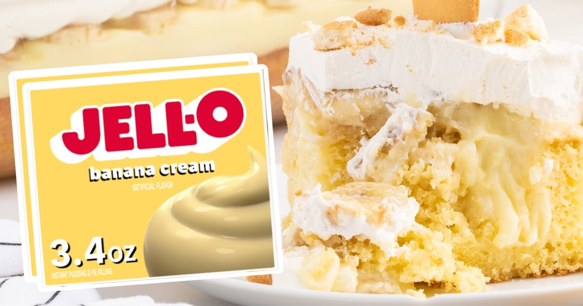 a piece of Banana Pudding Cake on a plate and a box of jello banana cream on the side