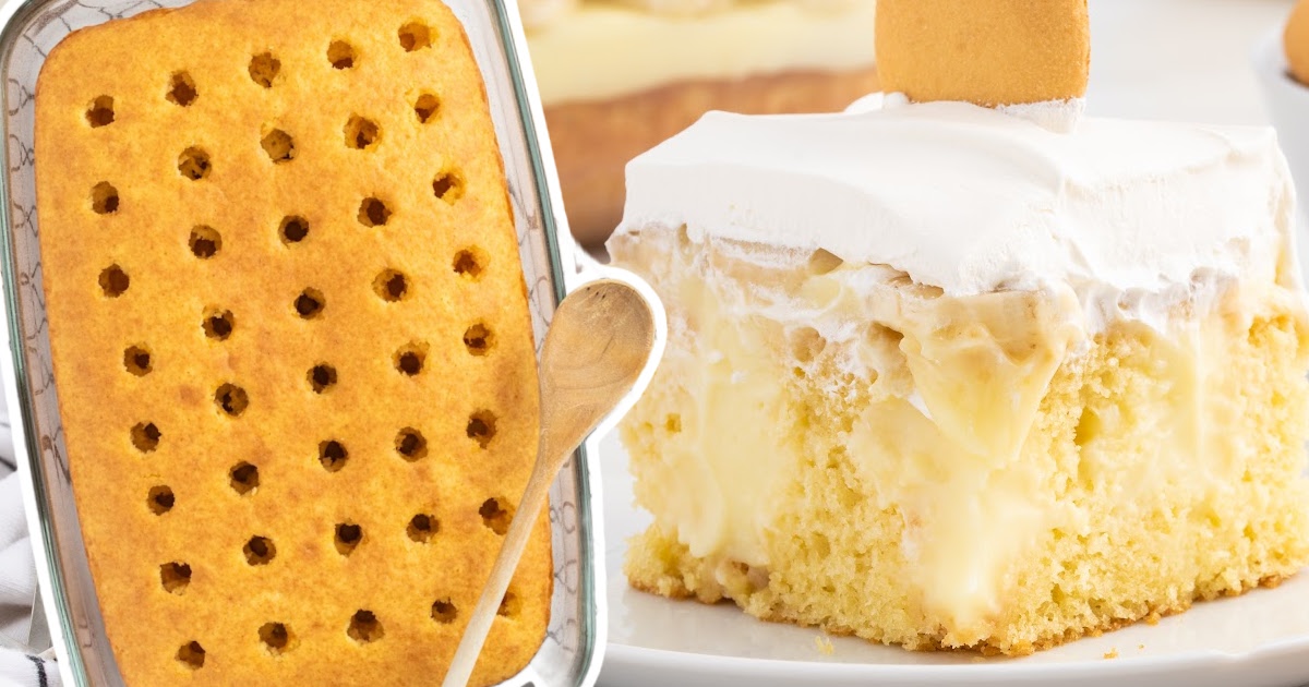 Banana Pudding Cake in a baking dish and a piece of Banana Pudding Cake on a plate