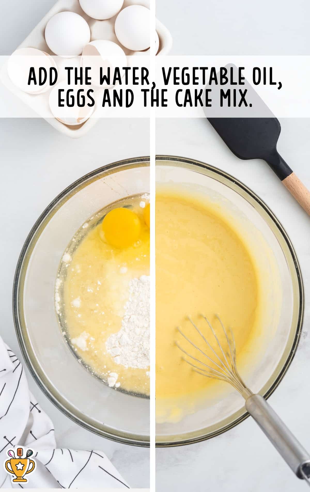 water, vegetable oil, eggs and cake mix mixed in a bowl