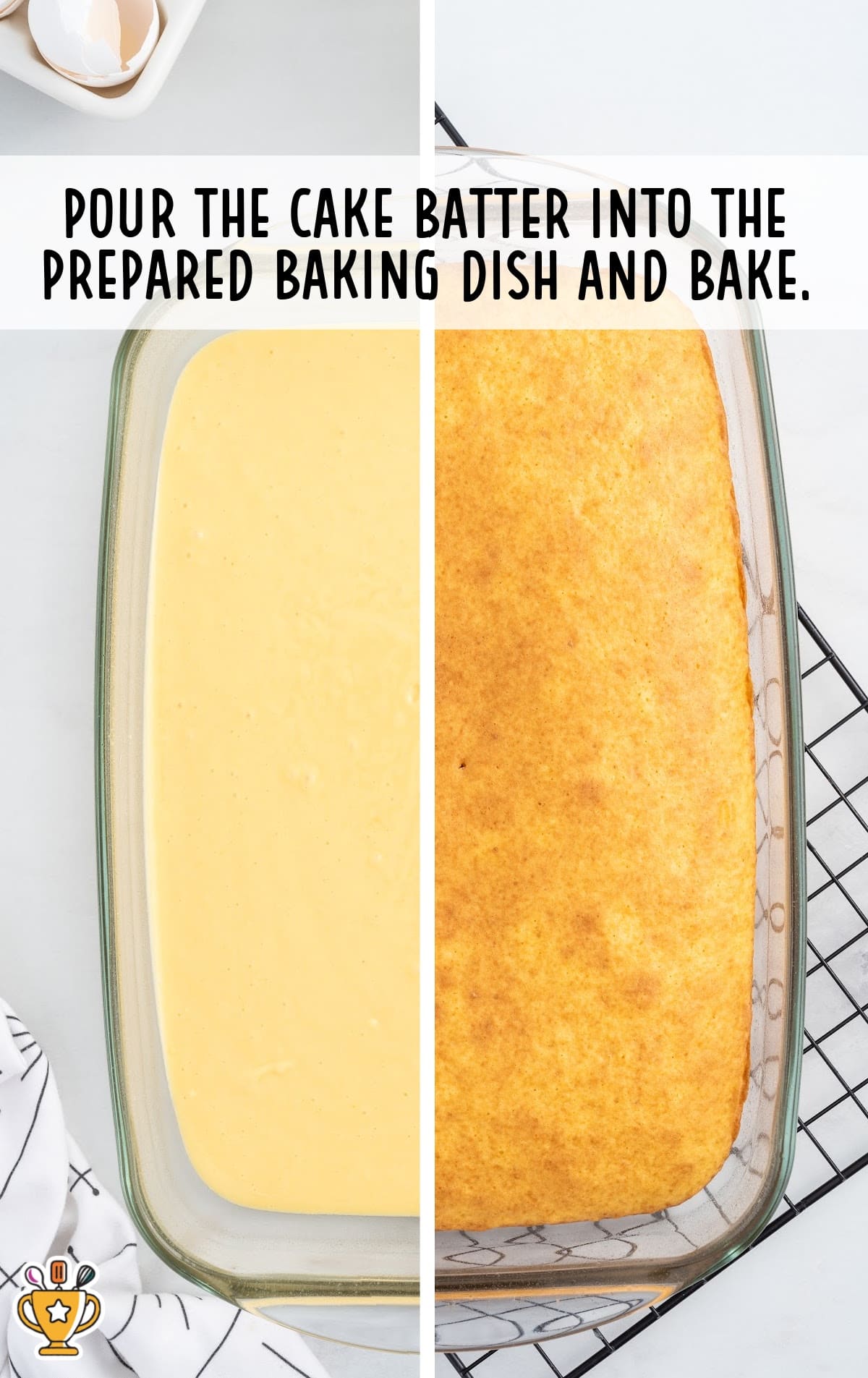 cake batter and baked Banana Pudding Cake in a baking dish