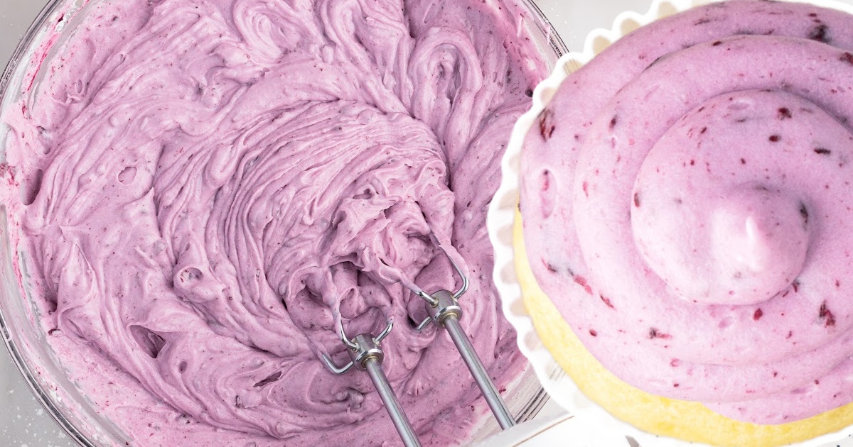 Blueberry Cream Cheese Frosting in a bowl and decorated on a cupcake
