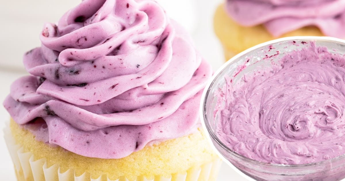 Blueberry Cream Cheese Frosting decorated over a cupcake and in a bowl