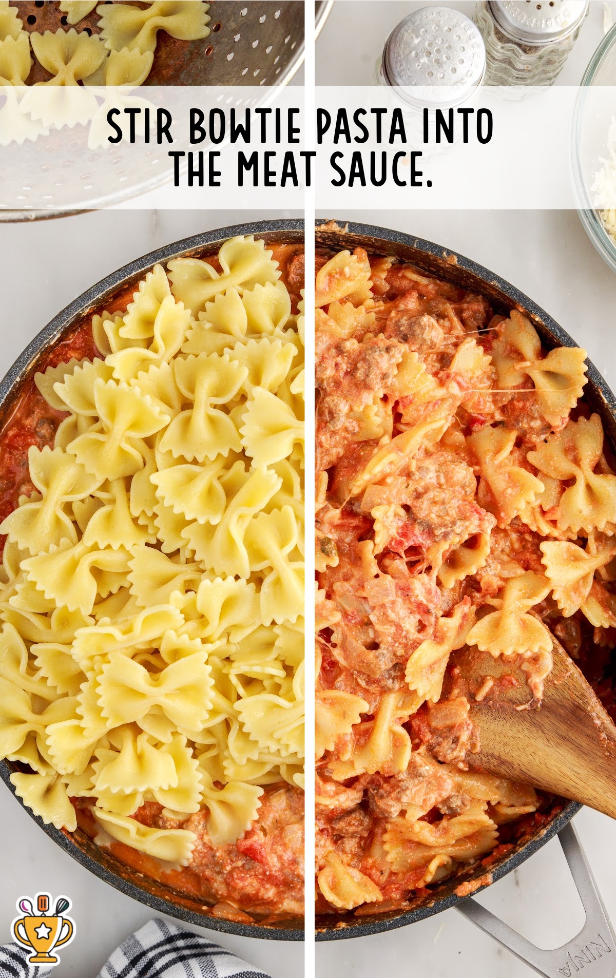 bowtie pasta stirred into the meat sauce