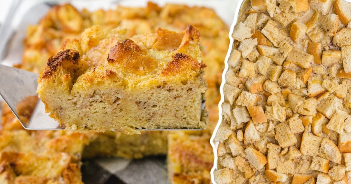 a spatula holding a Bread Pudding