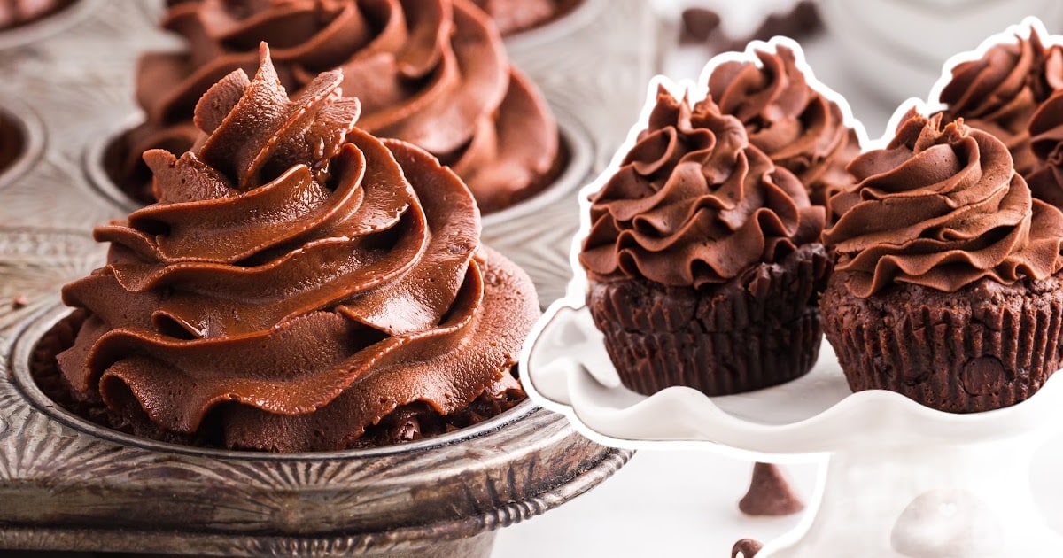 Brownie Cupcakes on a cake stand and in a muffin pan