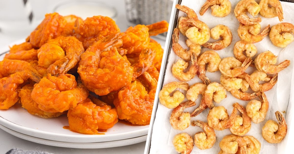 Buffalo Shrimp on two plates and on a baking pan