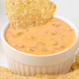 a bowl of Cheese Dip with a dipped chip