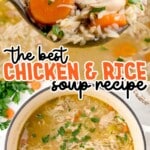 Chicken and Rice Soup in a bowl and a spoon holding some