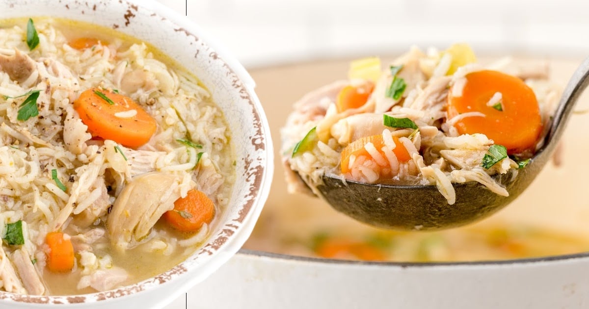 a spoon holding some Chicken and Rice Soup and some in a bowl