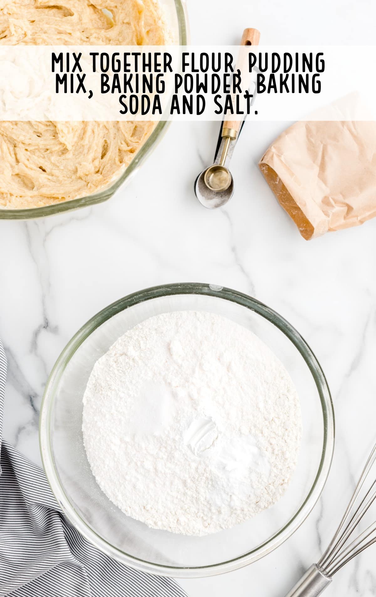 The dry ingredients are mixed in a mixing bowl.