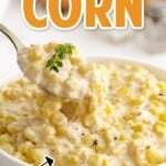 a spoon holding some Creamed Corn and some in a bowl