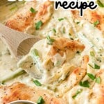 a wooden spoon holding some Creamy Chicken and Asparagus