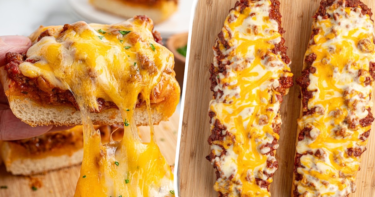 Sloppy Joe Garlic Bread on a wooden board