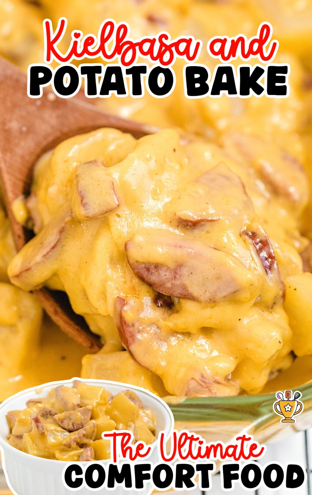 a wooden holding some Kielbasa and Potato Casserole and some in a bowl