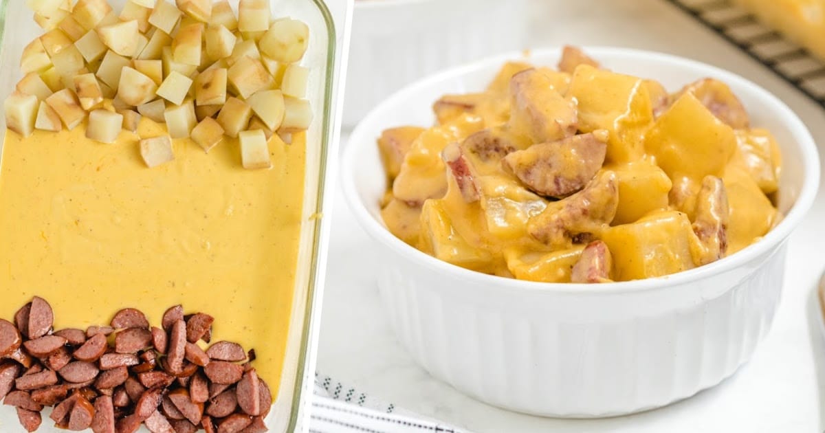 Kielbasa and Potato Casserole in a white bowl