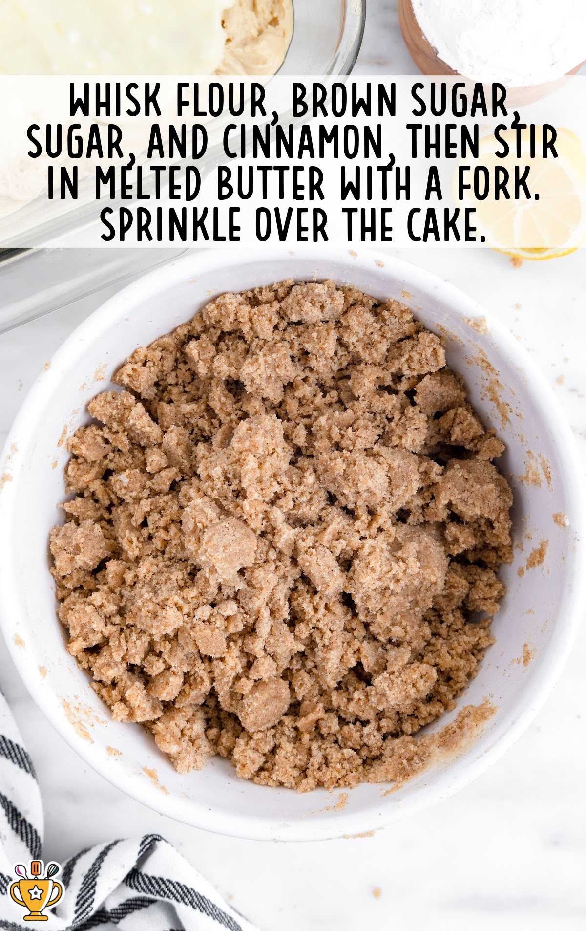 flour, brown sugar, cinnamon and sugar mixed together in a bowl