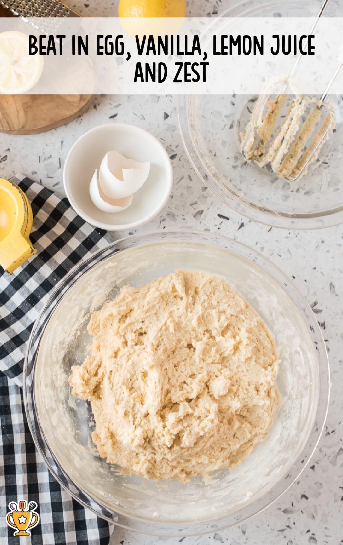 eggs, vanilla, lemon juice and zest added in the bowl