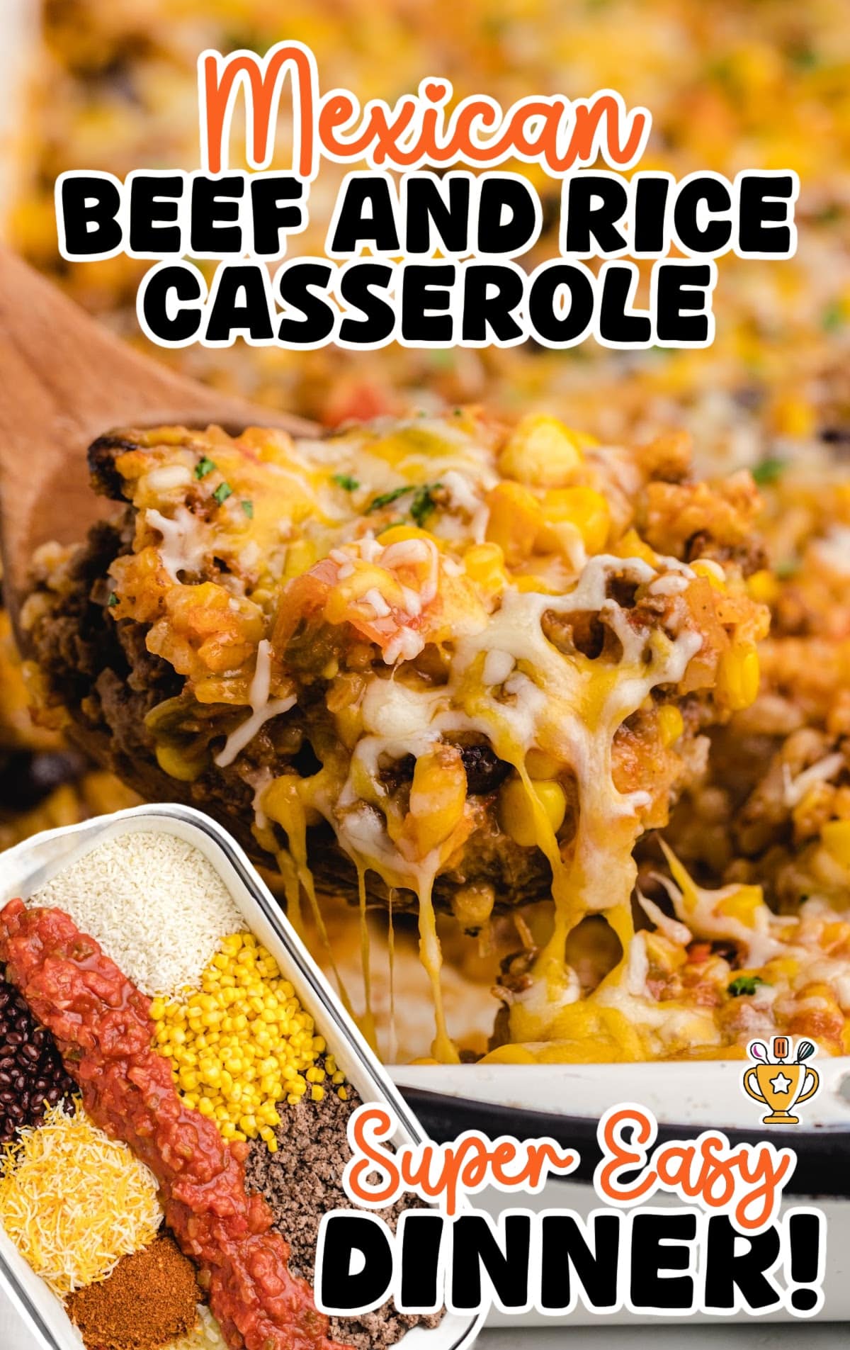 a wooden spoon holding Mexican Beef and Rice Casserole