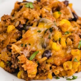 Mexican Beef and Rice Casserole on a white plate