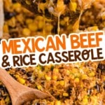 wooden spoons holding some Mexican Beef and Rice Casserole