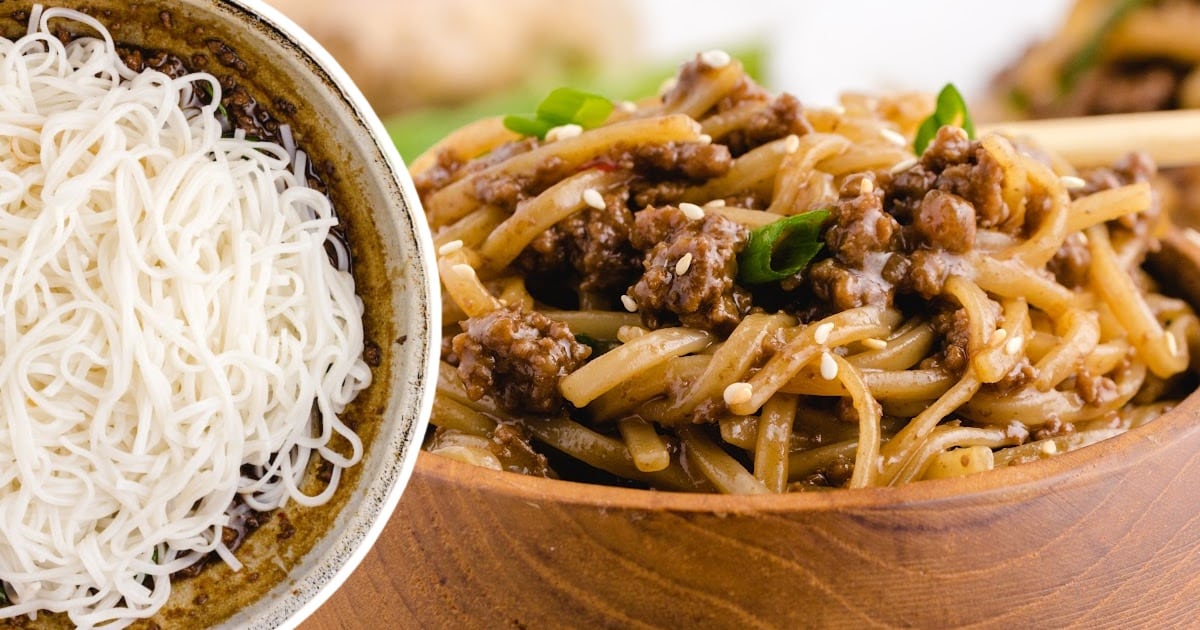 Mongolian Beef and Noodles in a wooden bowl