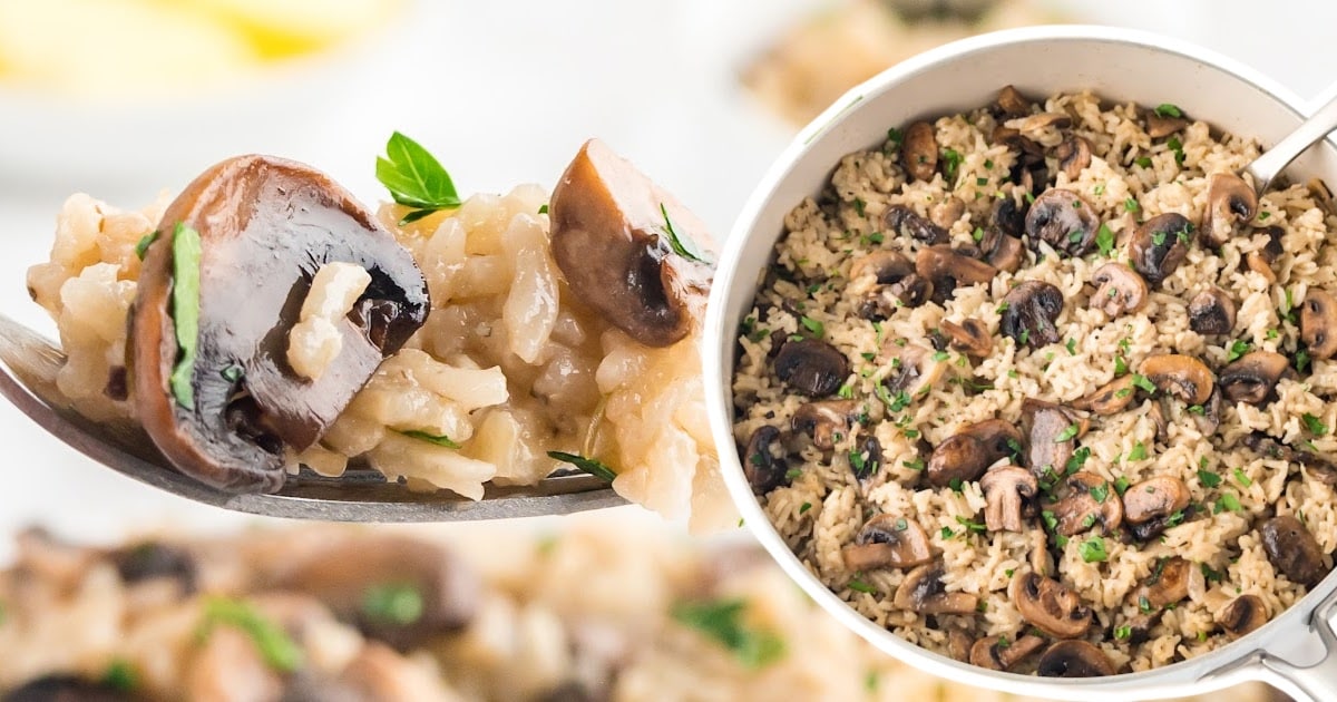 a fork holding some Mushroom Rice and some in a bowl