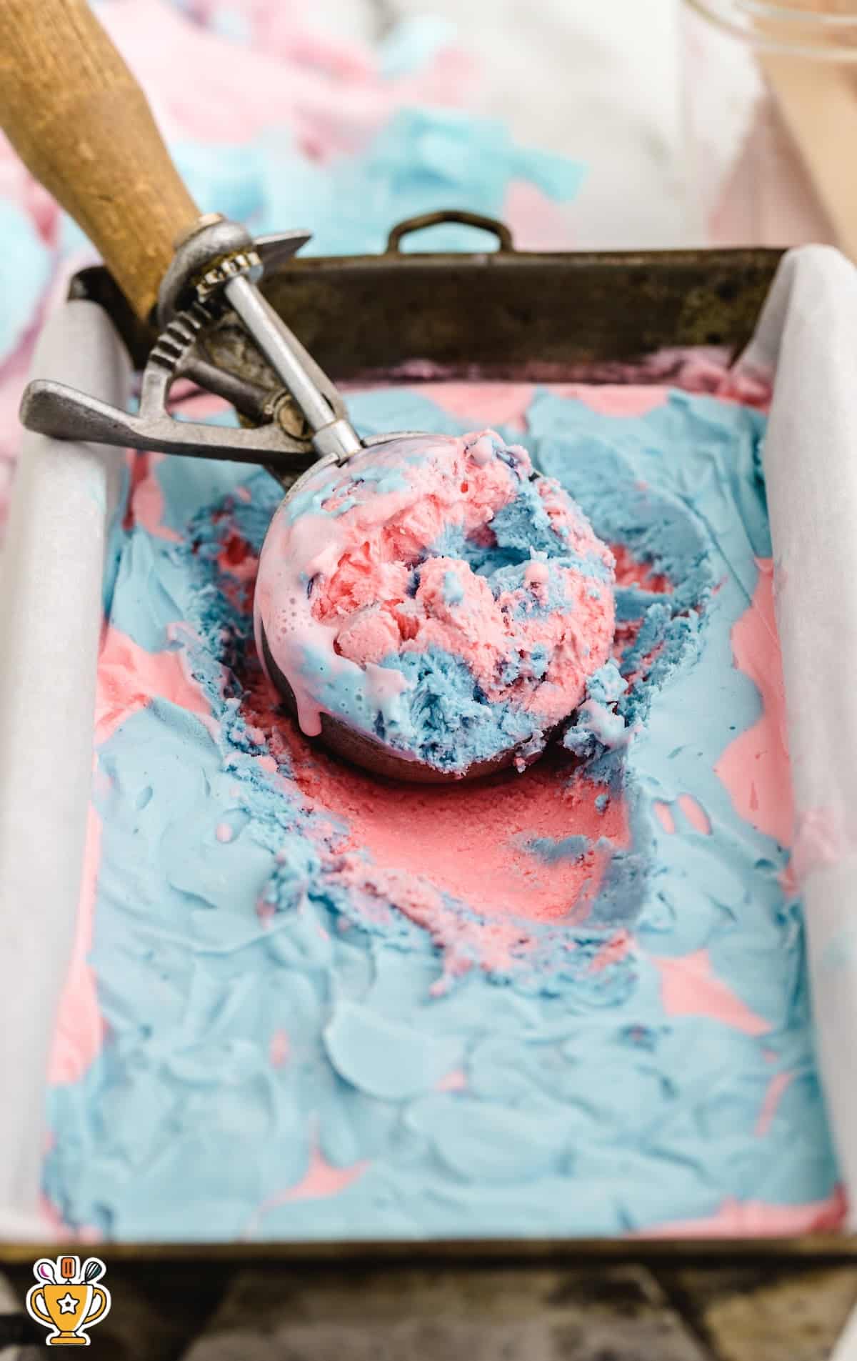 scooping some No Churn Cotton Candy Ice Cream