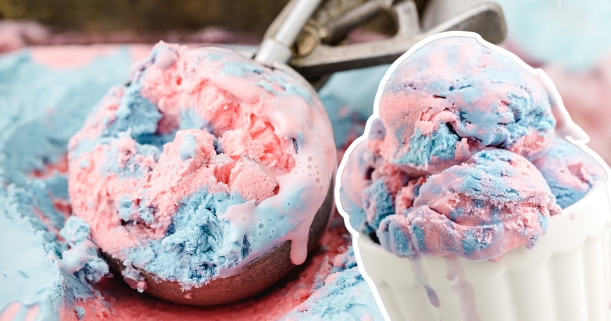 a scoop of No Churn Cotton Candy Ice Cream and some in a cup