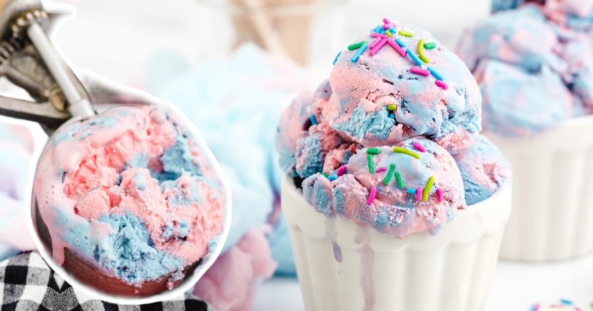a scoop of No Churn Cotton Candy Ice Cream and some in a cup