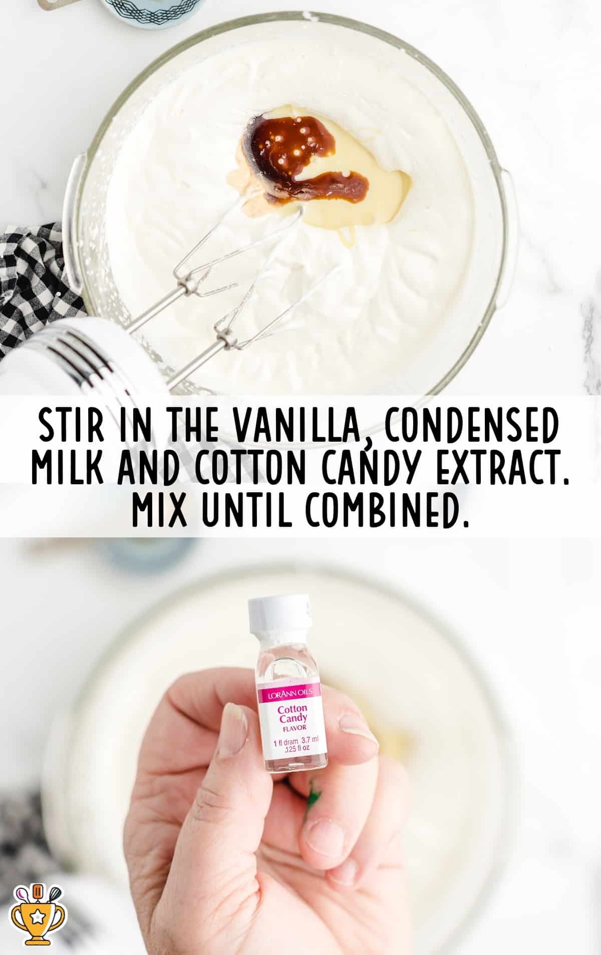 vanilla, condensed milk and cotton candy extract mixed in a bowl