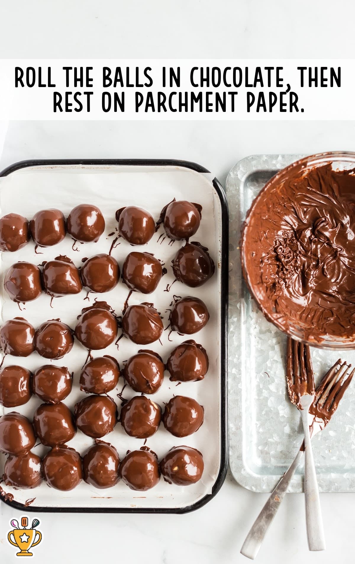 Balls rolled in chocolate then rested on parchment paper