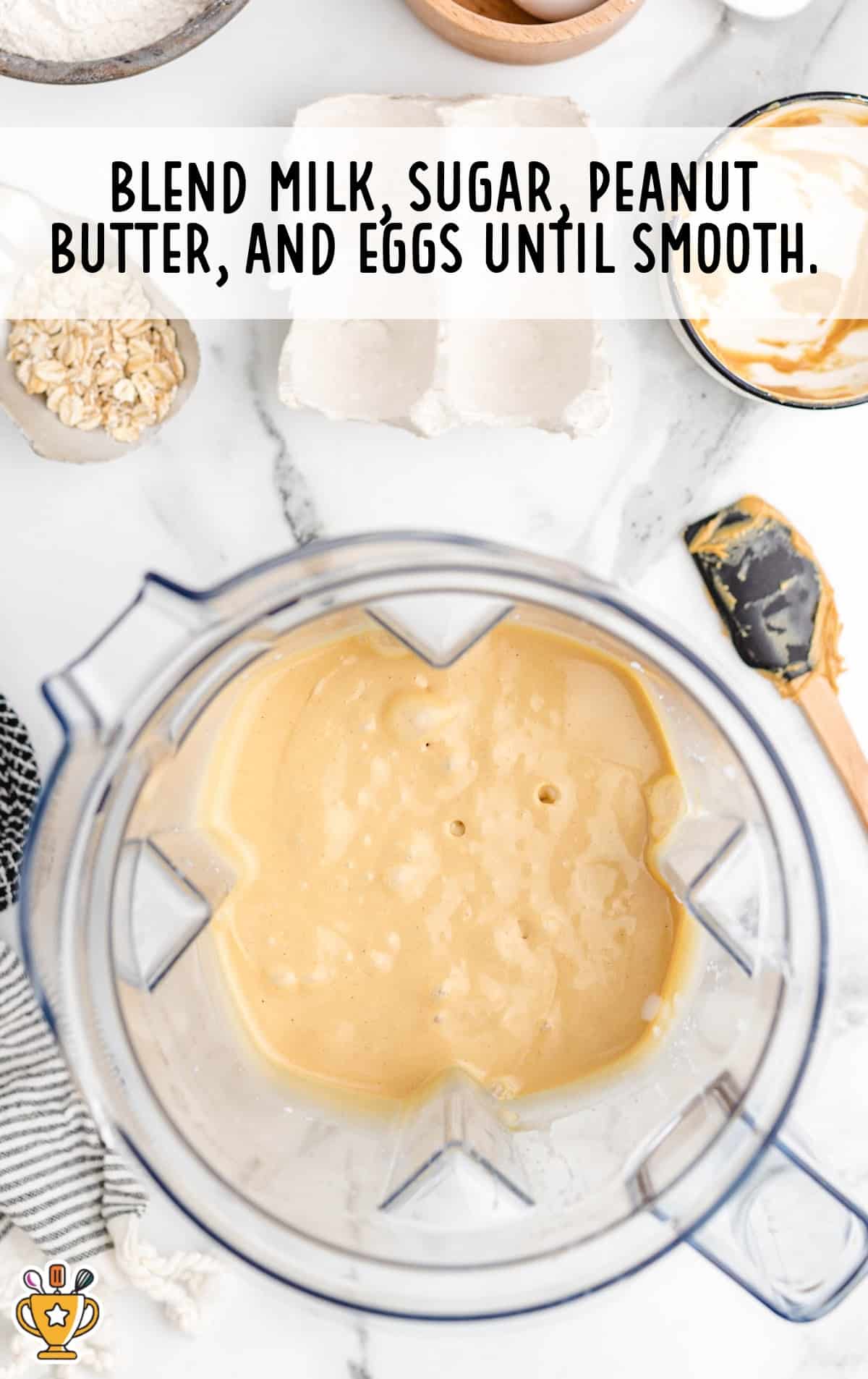 milk, sugar, peanut butter and eggs added in a bowl