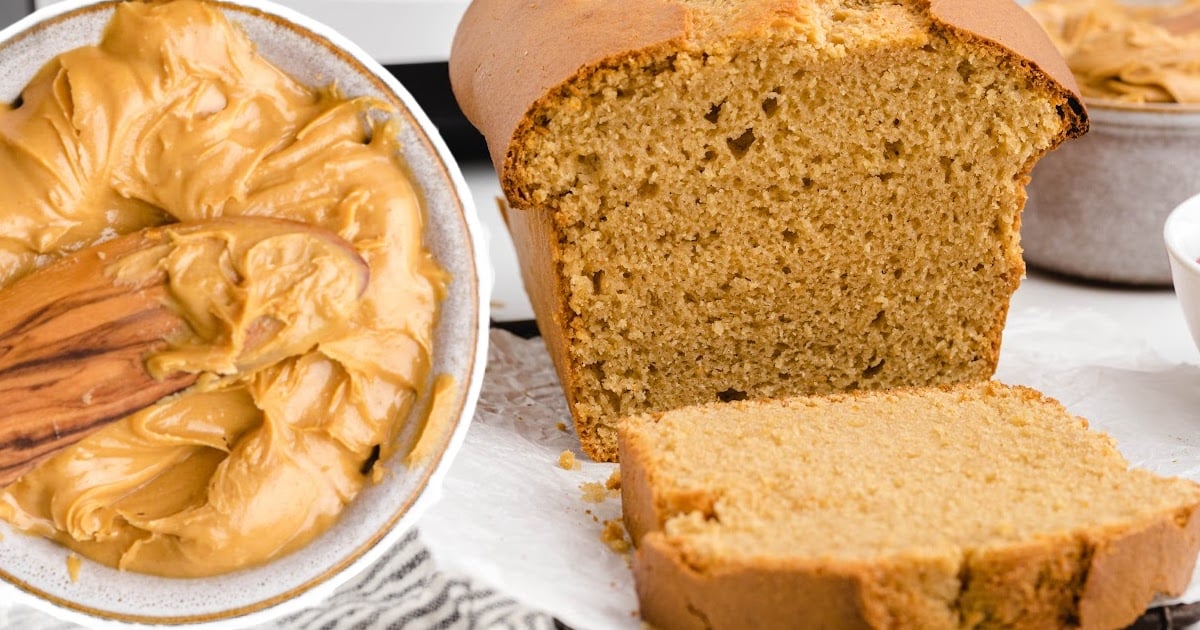 Peanut Butter Quick Bread slices with a bowl of peanut butter on the side