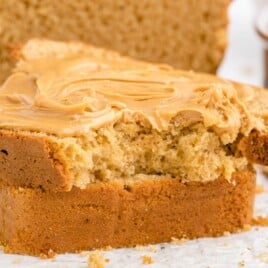 a Peanut Butter Quick Bread with a bite on it